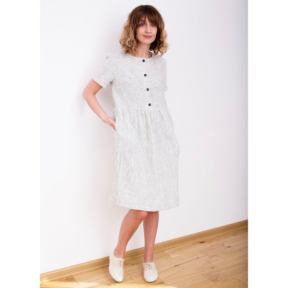 OffOn White Striped Linen Midi Dress Sz M/L Neutral Beachy Short Sleeve